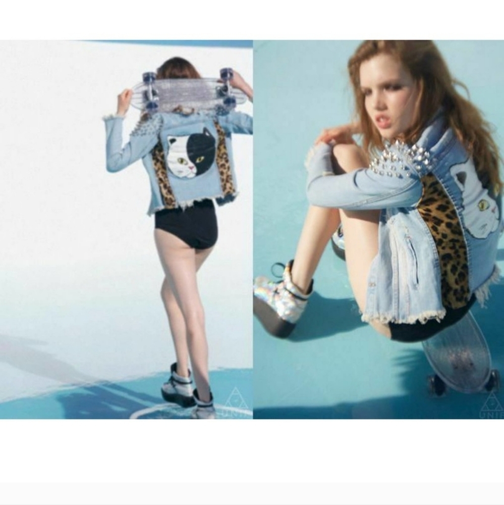 Unif yin tang cat denim jean studded jacket sz Medium EUC